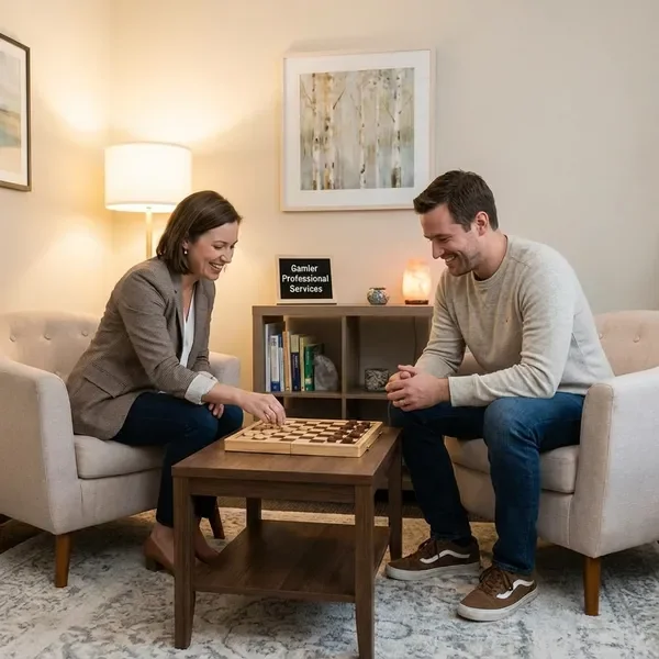 פסיכולוג מנחה מפגש טיפולי עם משחקים